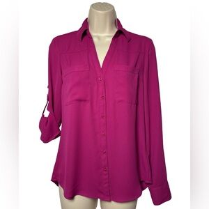 Express Women’s Portofino Slim Button Down Shirt Roll Tab Slv V Neck Magenta XS